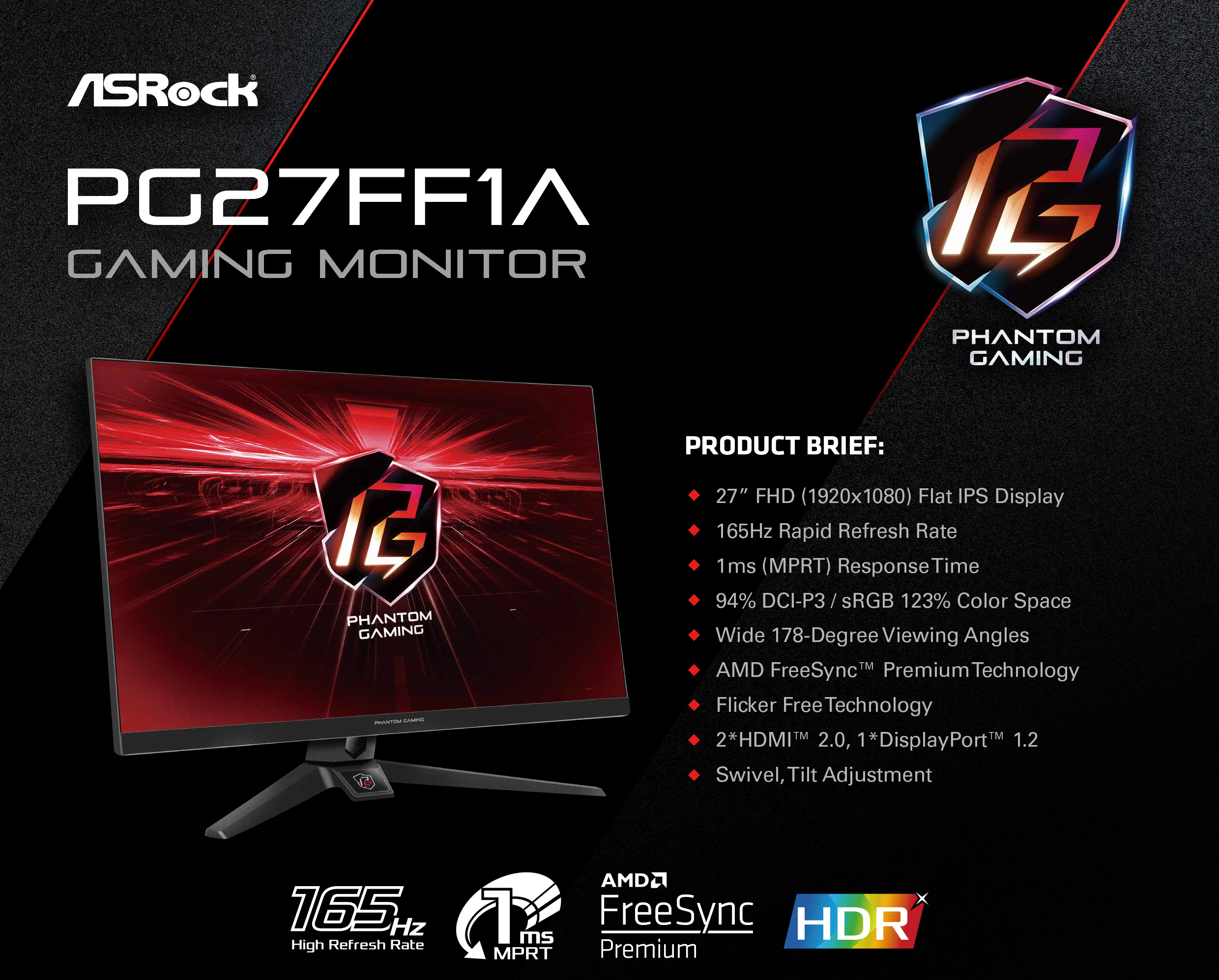 ASRock PHANTOM GAMING 27 FHD 1920 X 1080 165Hz 1ms FreeSync Gaming